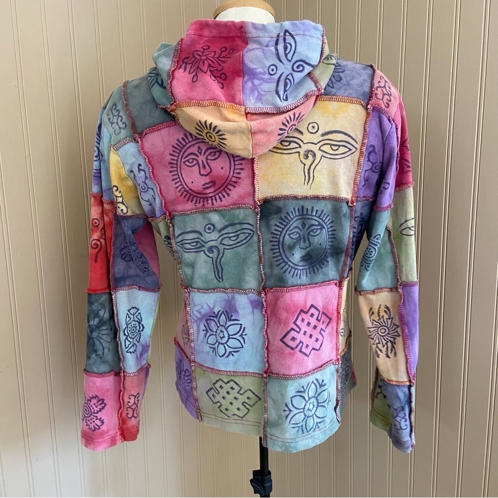 Tie Dye Patchwork Colourful 100% Cotton Zip Up Hoodie Women’s Size Small - Picture 2 of 5